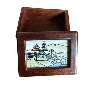 VTG Lidded Trinket Box 3.75 Inch Hand Painted Village Church Bridge Wood Signed